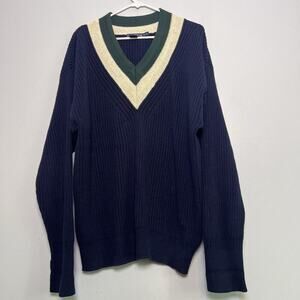 Nautica Mens Cotton Cable Knit Varsity Cricket Sweater V Neck Navy Blue Sz XL